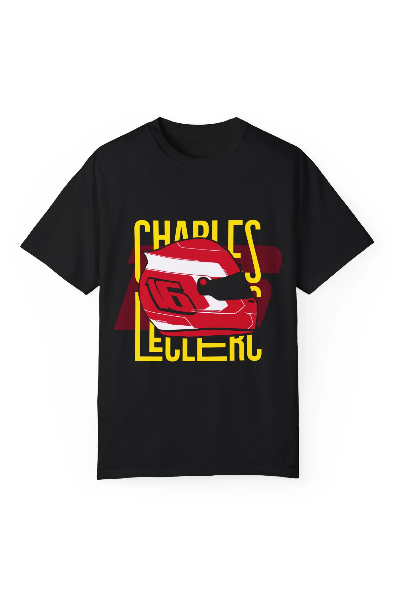 Front view of black Charles LeClerc t-shirt. Graphic of Charles' signature helmet and racing number 16. Charles LeClerc is a 6 time Grand Prix winner for Scuderia Ferrari. 