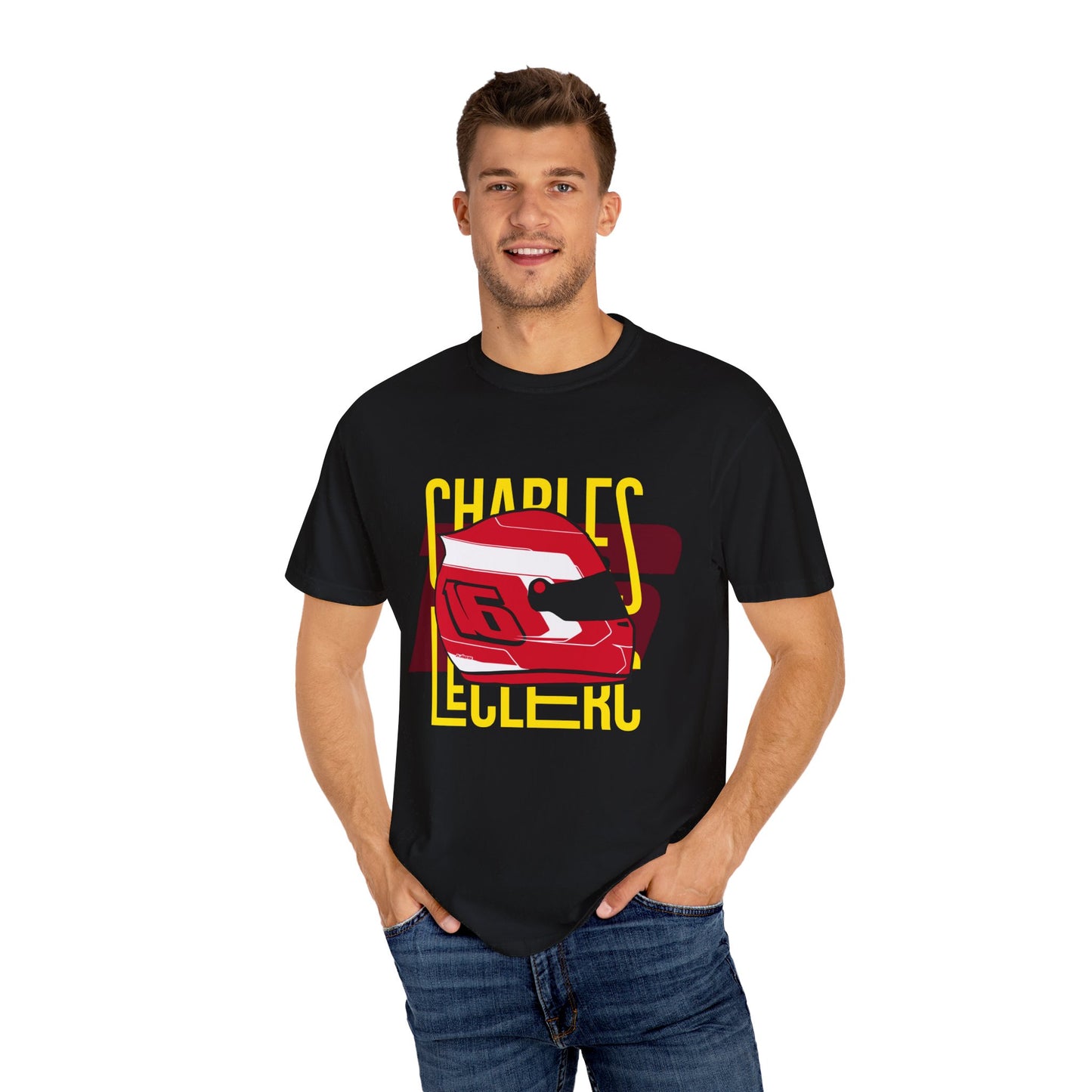 Male model wearing black t-shirt of Charles LeClerc. The t-shirt bears his iconic racing helmet along with his racing number 16. LeClerc is a Formula 1 driver for the sport's most successful team, Scuderia Ferrari. Charles LeClerc has more than 30 pole positions and 6 race wins. Buy this t-shirt now and show your love for Charles LeClerc.