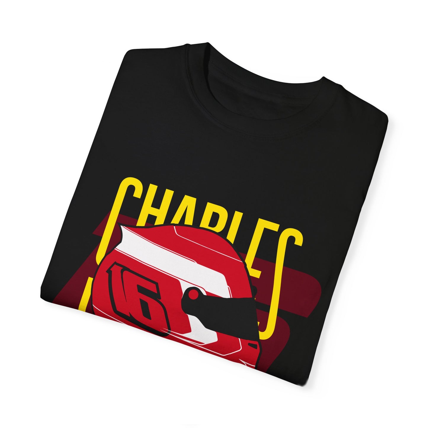 Folded black t-shirt of Charles LeClerc. The t-shirt bears his iconic racing helmet along with his racing number 16. LeClerc is a Formula 1 driver for the sport's most successful team, Scuderia Ferrari. Charles LeClerc has more than 30 pole positions and 6 race wins. Buy this t-shirt now and show your love for Charles LeClerc.