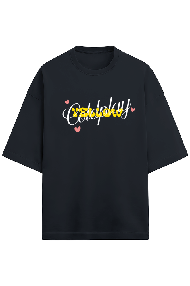 Navy blue t-shirt of Coldplay from the front. The t-shirt depicts Yellow in a fun font and Coldplay in an elegant font in background with cute hearts around the words. Perfect t-shirt for Coldplay fans and concert attendees.