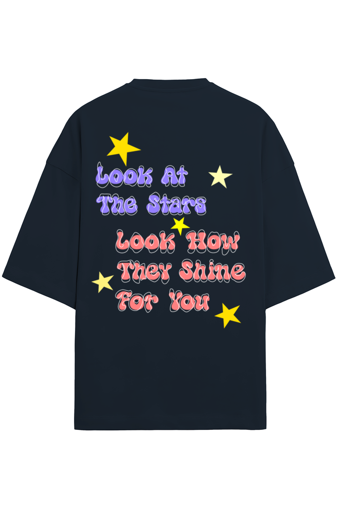 Navy blue t-shirt of Coldplay depicting the lyrics of their song Yellow - Look at the stars, look how they shine for you.