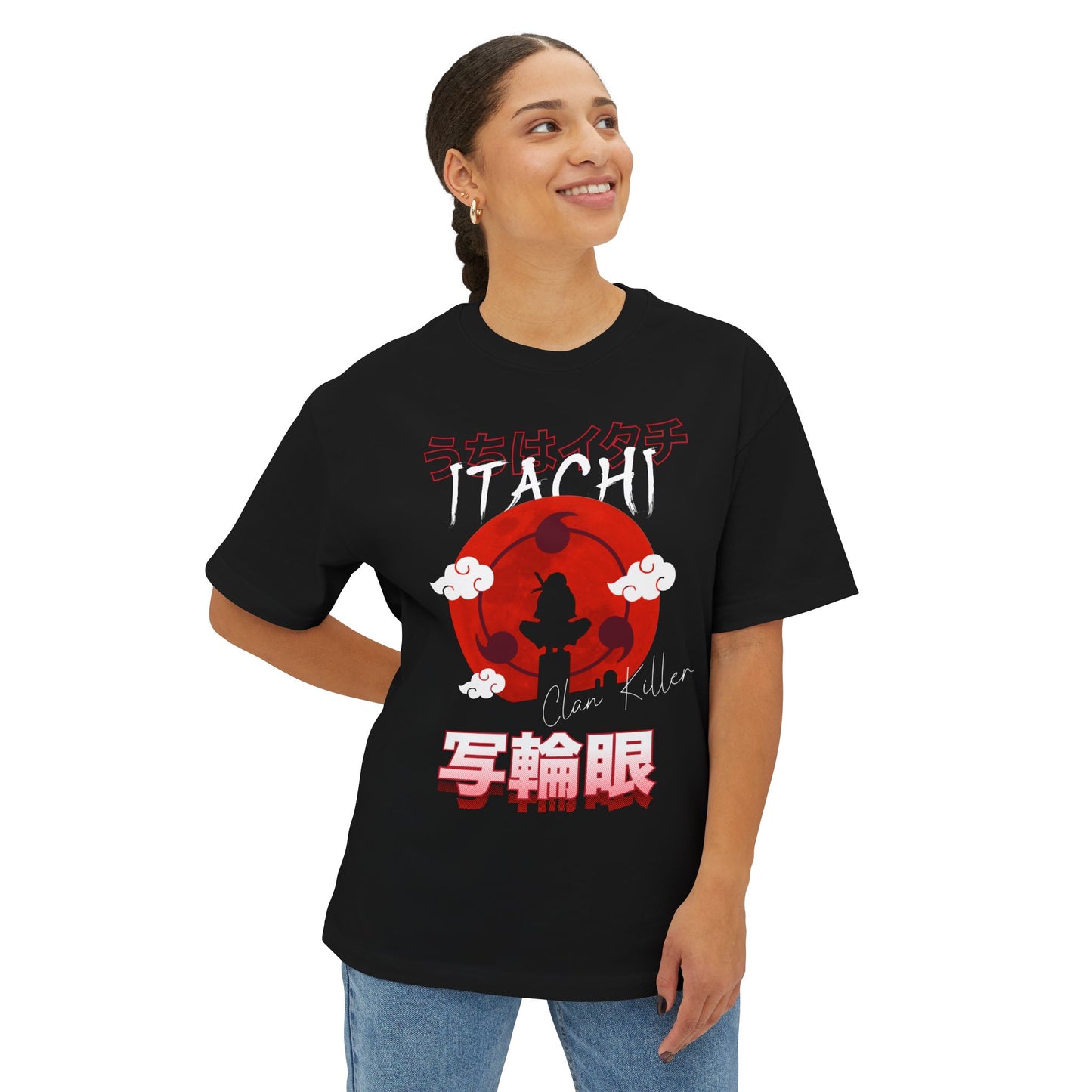 Female model wearing black t-shirt of Itachi Uchiha of the Sharingan