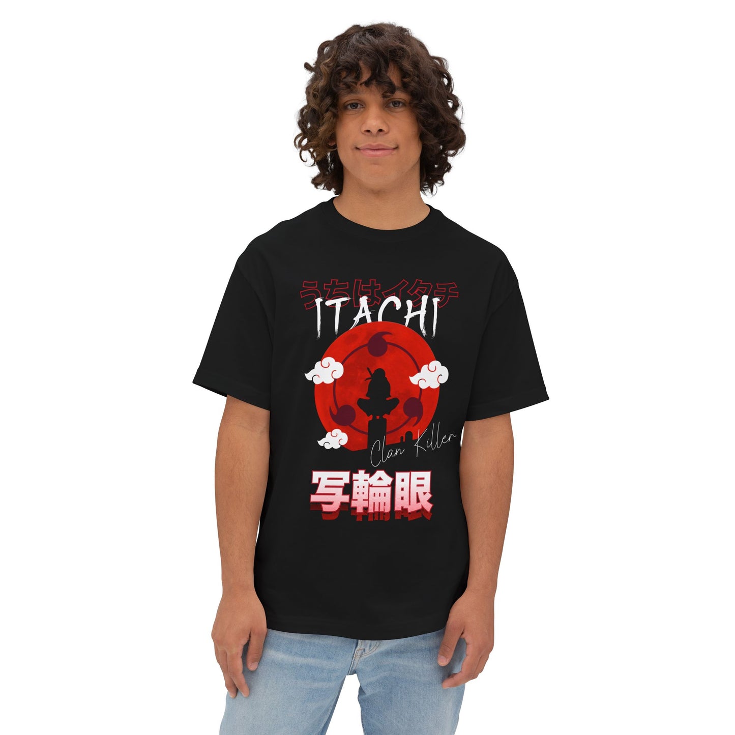 Male model wearing black t-shirt of Itachi Uchiha of the Sharingan