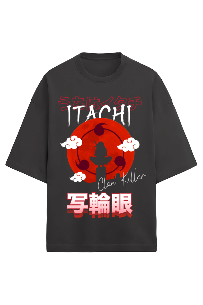 Black oversized t-shirt of Itachi Uchiha of the Leaf village sitting on a pole after killing his entire clan, with a moon behind him depicting the Sharingan.