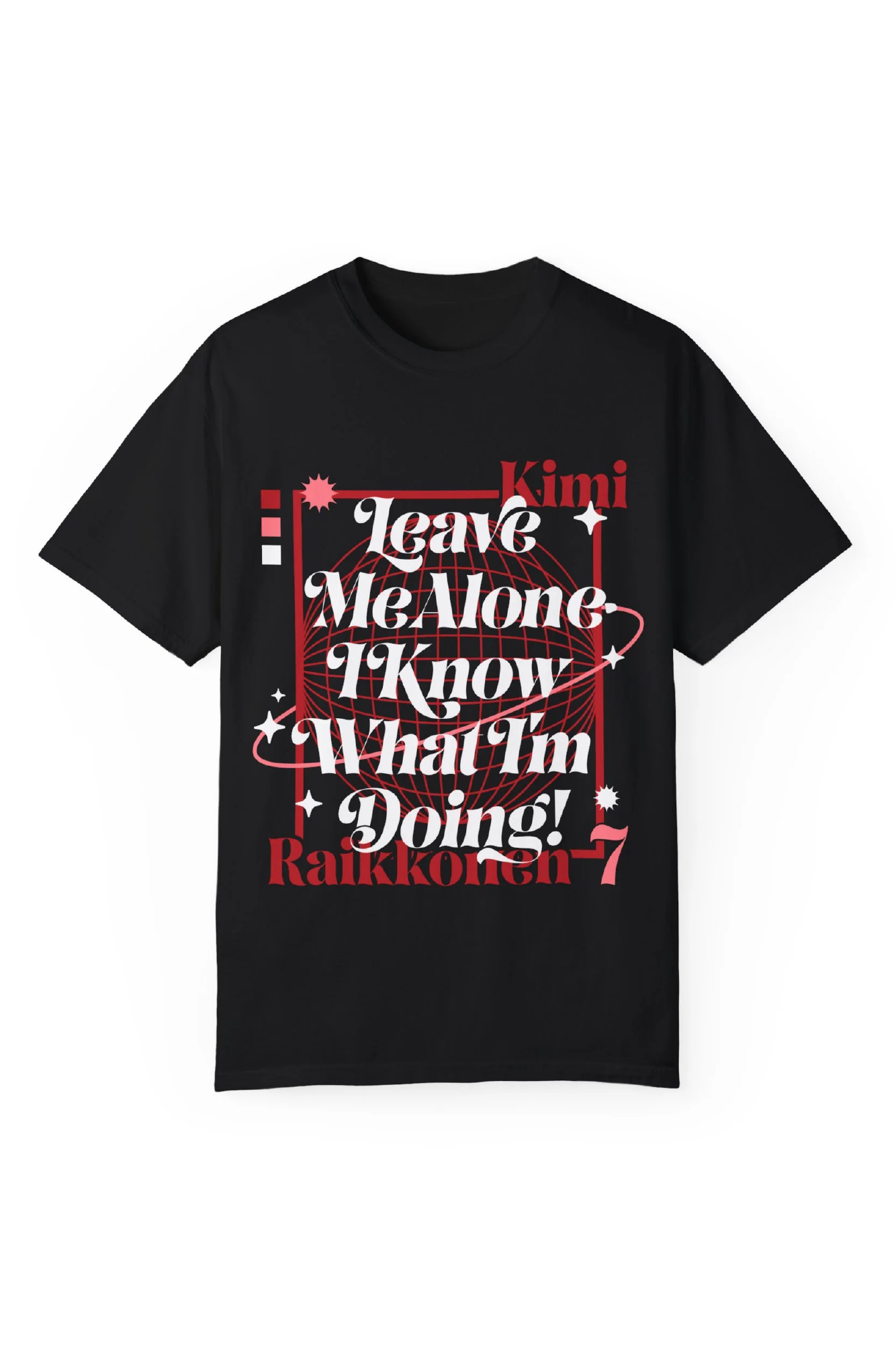 Black T-shirt of Kimi Raikkonen's famous words 'Just leave me alone, I know what I'm doing'. This t-shirt is made from world's most premium cotton, Supima. Kimi Raikkonen is a Formula 1 World Champion and Ferrari's last champion. He won the Abu Dhabi Grand Prix 2012, his first after his comeback in 2012 with Lotus Renault F1 team. He is a favourite among fans for his cold and witty responses, gaining him the title of Iceman.