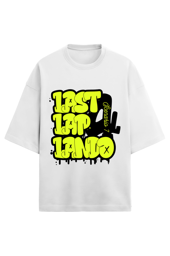 Front view of white oversized T-shirt of Last Lap Lando. Lando Norris is a Formula 1 driver for McLaren racing F1, who won his first podium at the Austrian Grand Prix in 2020. He put on a stellar performance in the last lap which lead to him making it to podium places. Celebrate Lando Norris with this Last Lap Lando T-shirt now!