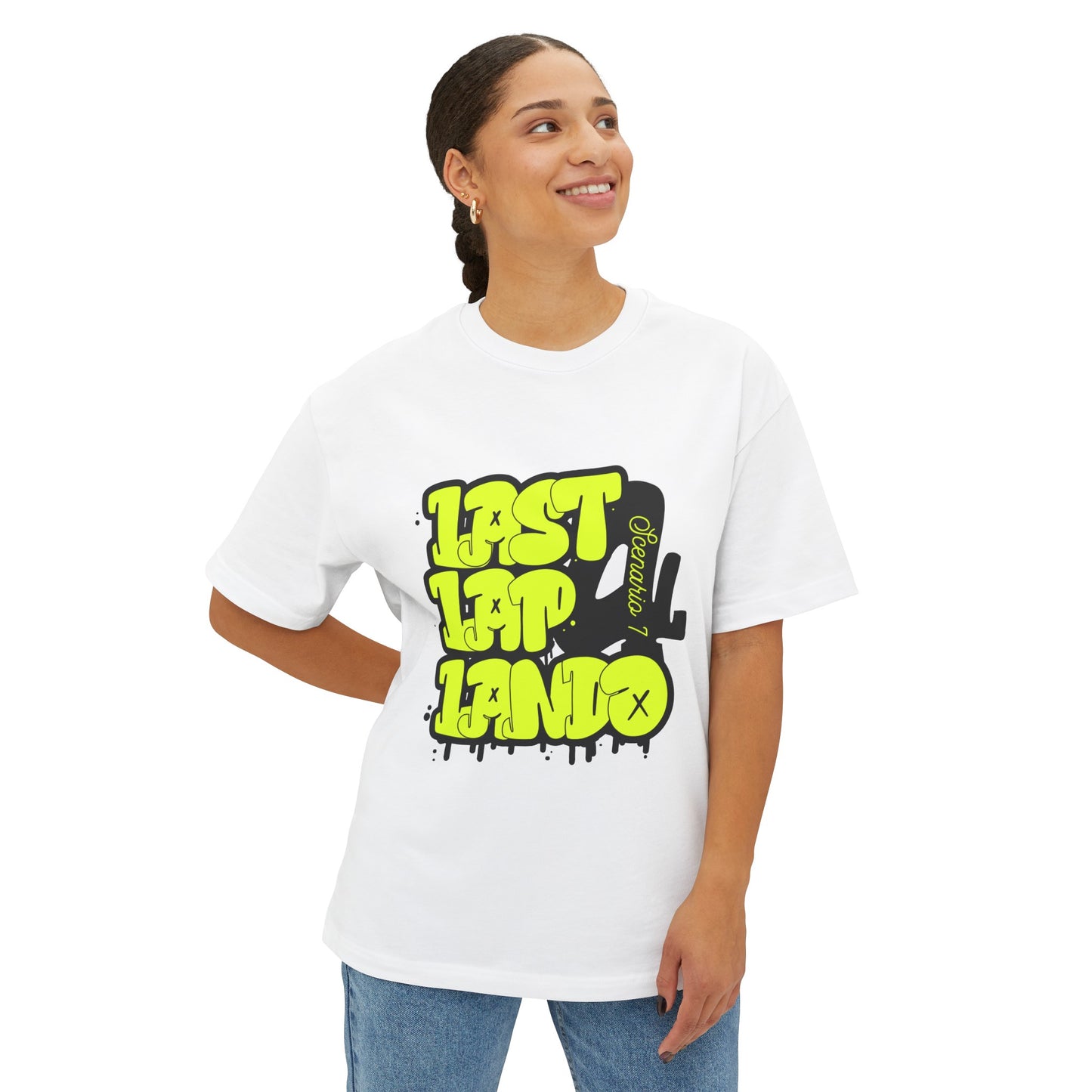 Female model wearing white oversized T-shirt of Last Lap Lando. Lando Norris is a Formula 1 driver for McLaren racing F1, who won his first podium at the Austrian Grand Prix in 2020. He put on a stellar performance in the last lap which lead to him making it to podium places. Celebrate Lando Norris with this Last Lap Lando T-shirt now!